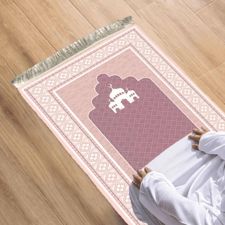 tapis de prière femme rose design islamique plié élégant texture douce utilisation quotidienne