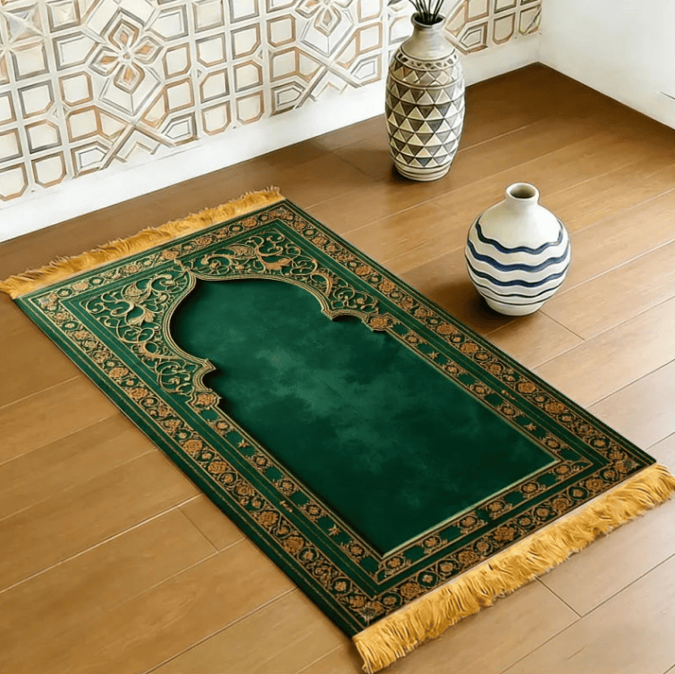 tapis de prière vert élégant posé sur sol avec motifs islamiques et finition dorée
