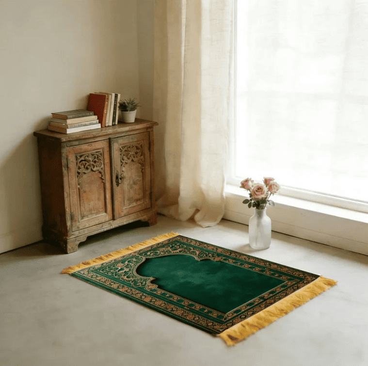 tapis de prière vert utilisé dans un intérieur calme avec ambiance apaisante