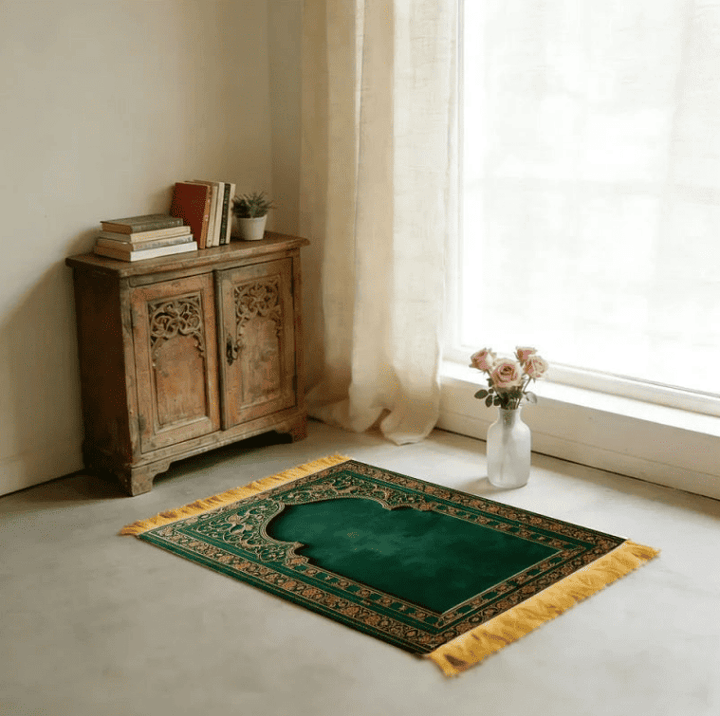 tapis de prière vert utilisé dans un intérieur calme avec ambiance apaisante