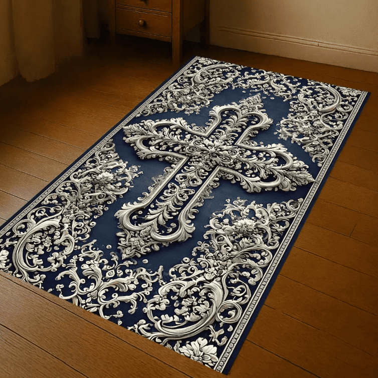 Tapis religieux chrétien bleu avec motifs floraux et croix décorative élégante
