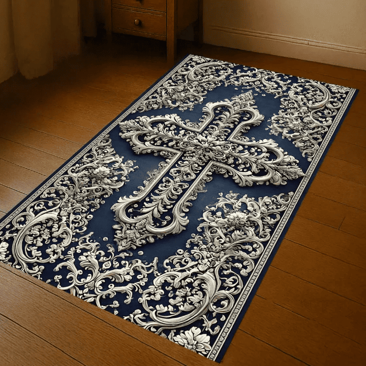 Tapis religieux chrétien bleu avec motifs floraux et croix décorative élégante
