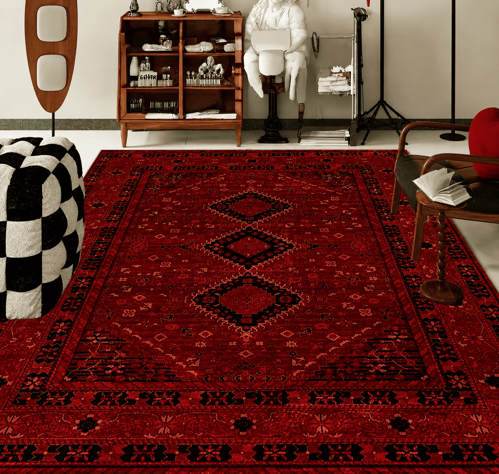 Tapis rouge oriental pour salon avec motifs berbères, design vintage et finition élégante
