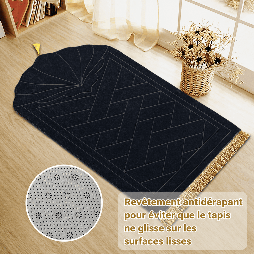 tapis de salat noir design moderne avec motifs géométriques et surface confortable