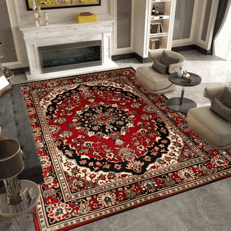 Tapis salon ancien rouge style persan avec motifs orientaux traditionnels installé dans un salon élégant et chaleureux.