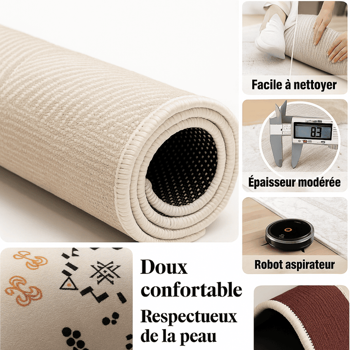 Tapis beige roulé avec légendes : « Facile à nettoyer », « Épaisseur modérée », « Robot aspirateur » et « Doux, respectueux de la peau