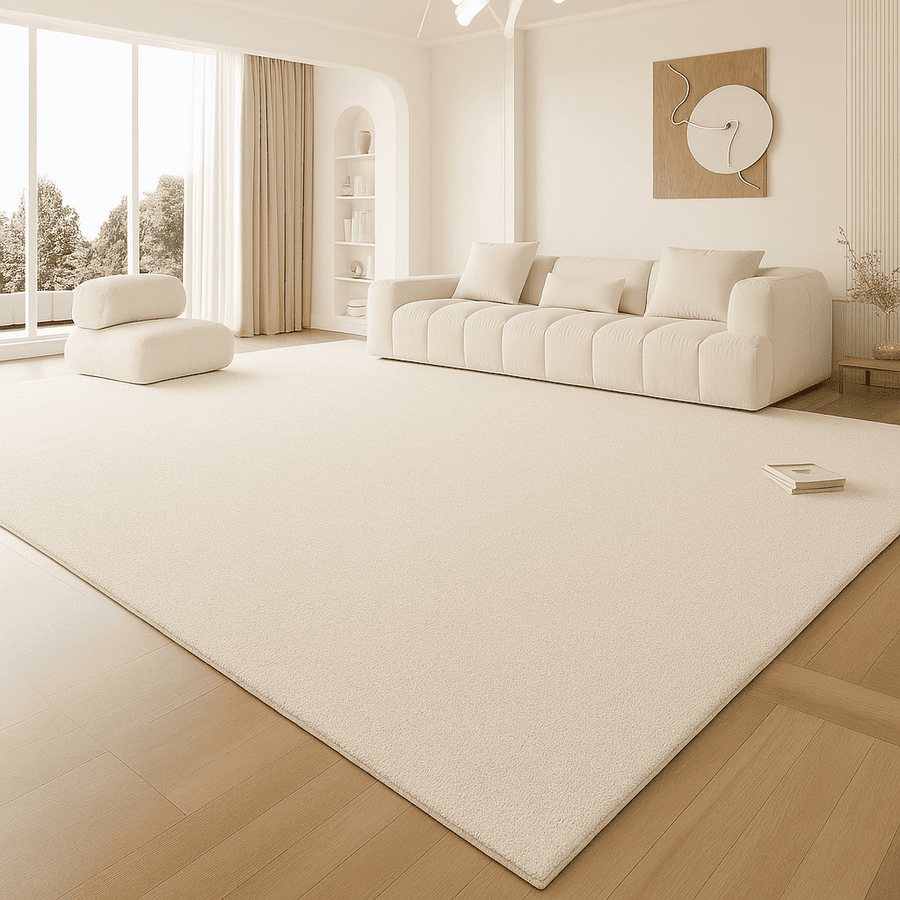 Vue d’un grand tapis beige à poil ras couvrant un salon spacieux et lumineux avec un canapé blanc moderne