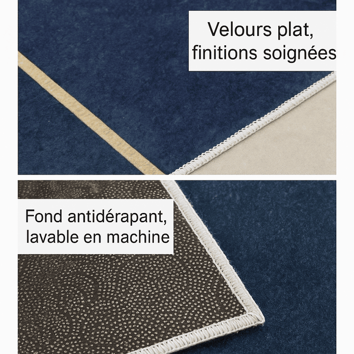 Gros plan sur un tapis bleu salon en velours plat avec liseré blanc, montrant la finition soignée et le fond antidérapant lavable en machine.