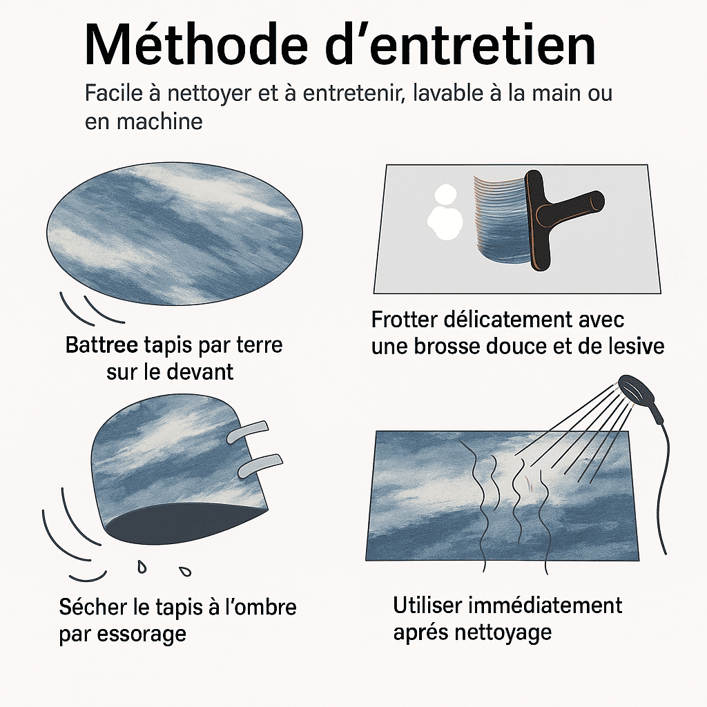 Infographie intitulée 'Méthode d'entretien' montrant quatre étapes pour le nettoyage et l'entretien d'un tapis contemporain