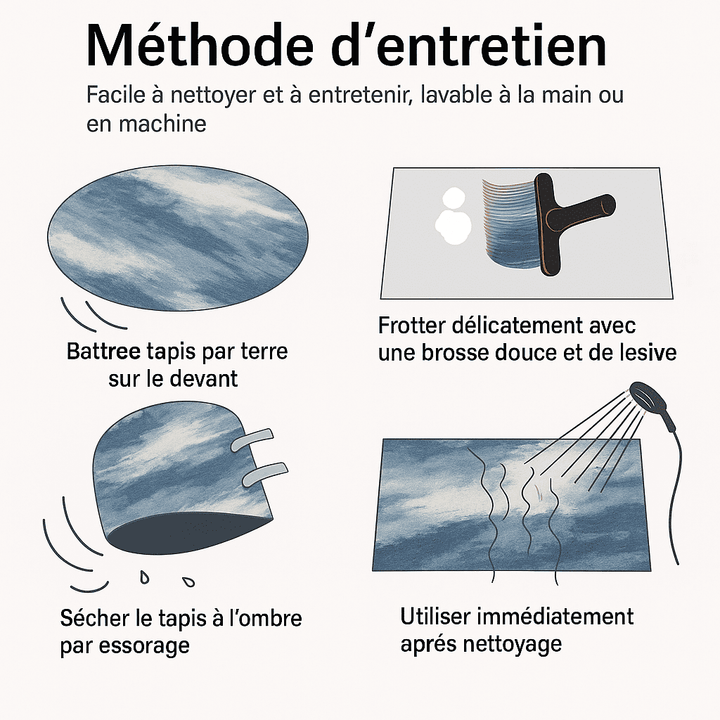 Infographie intitulée 'Méthode d'entretien' montrant quatre étapes pour le nettoyage et l'entretien d'un tapis contemporain