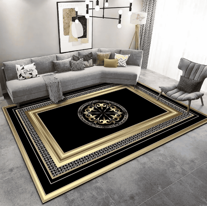 Tapis salon design luxe aux motifs élégants noirs et dorés