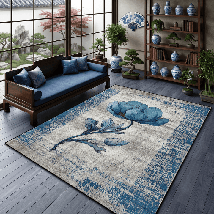 Tapis salon floral bleu avec un grand motif de fleur dans un intérieur moderne au style zen et élégant.