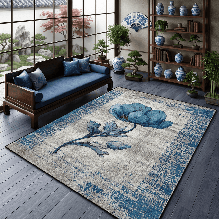 Tapis salon floral bleu avec un grand motif de fleur dans un intérieur moderne au style zen et élégant.