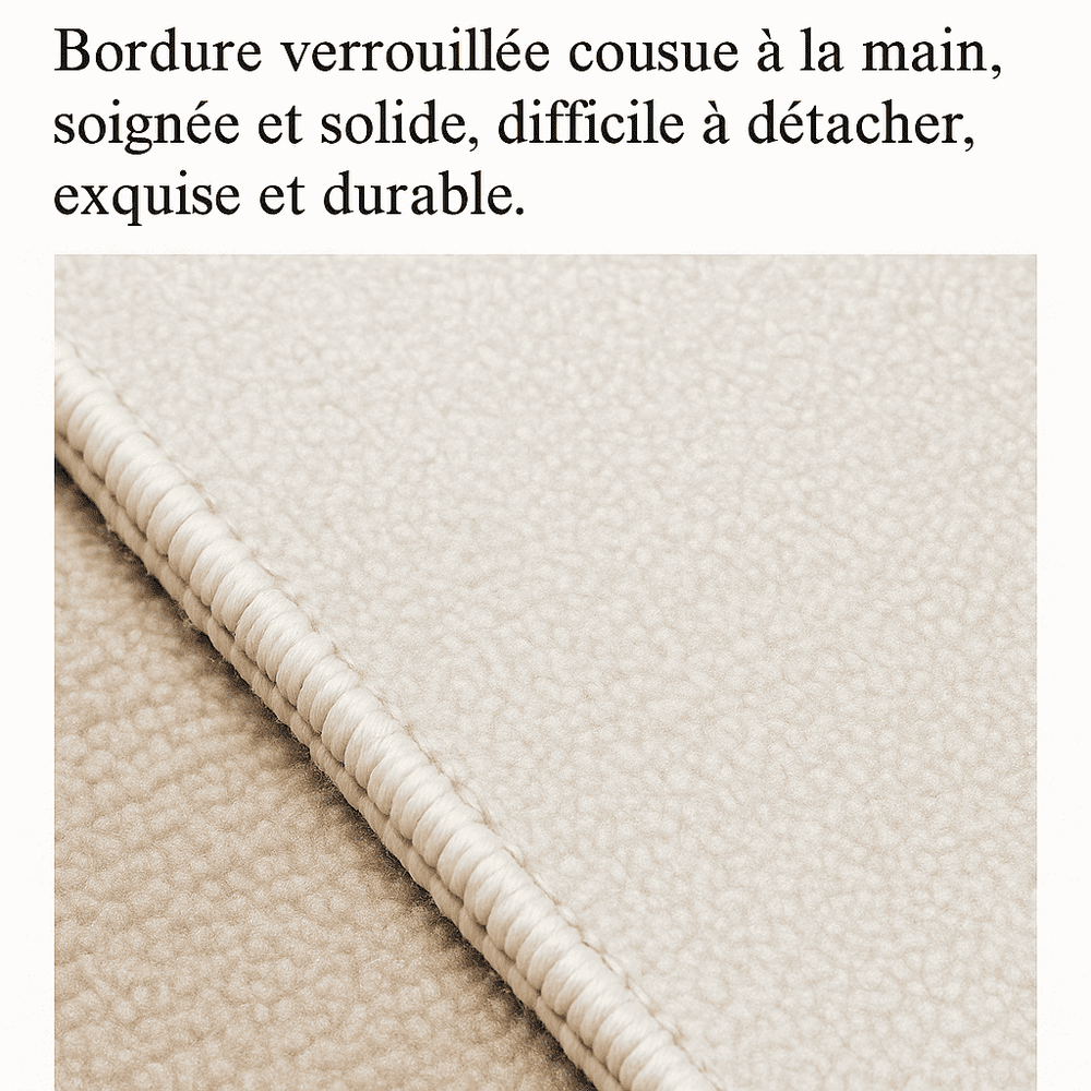 Détail du bord du tapis salon grand avec finition cousue à la main, assurant une excellente tenue, une grande solidité et une esthétique soignée.