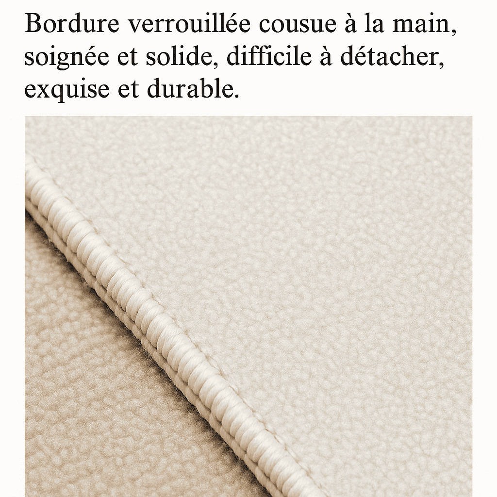 Détail du bord du tapis salon grand avec finition cousue à la main, assurant une excellente tenue, une grande solidité et une esthétique soignée.