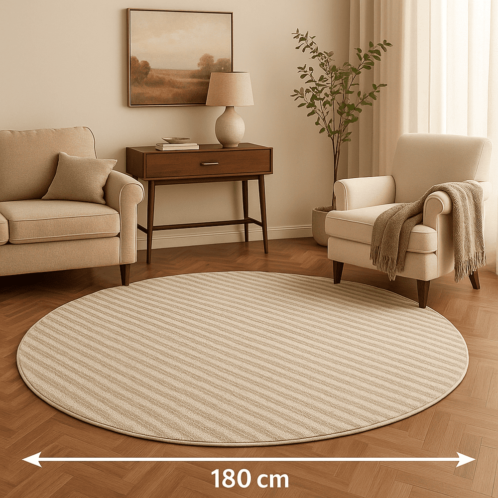Tapis salon grand rond 180x180 cm beige, placé dans un élégant salon moderne avec canapé clair