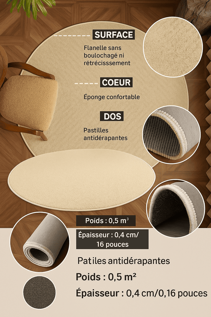 Tapis rond beige moelleux dans un salon chaleureux avec fauteuil en bois et parquet clair