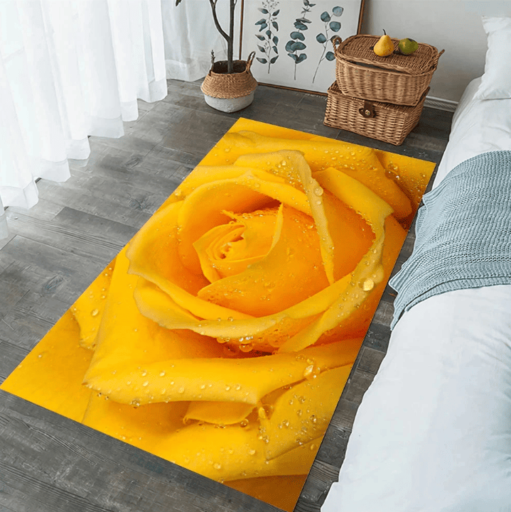 Tapis décoratif pour salon avec impression photo d’une grande rose jaune éclatante