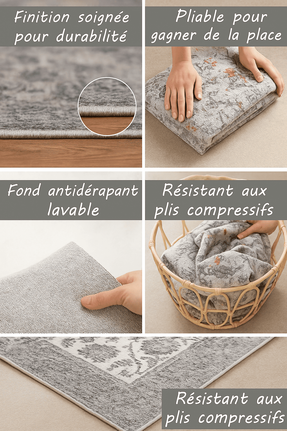 Collage de quatre gros plans d’un tapis salon lavable en machine montrant : finition soignée pour durabilité, pliable pour gagner de la place, fond antidérapant lavable et résistant aux plis compressifs.