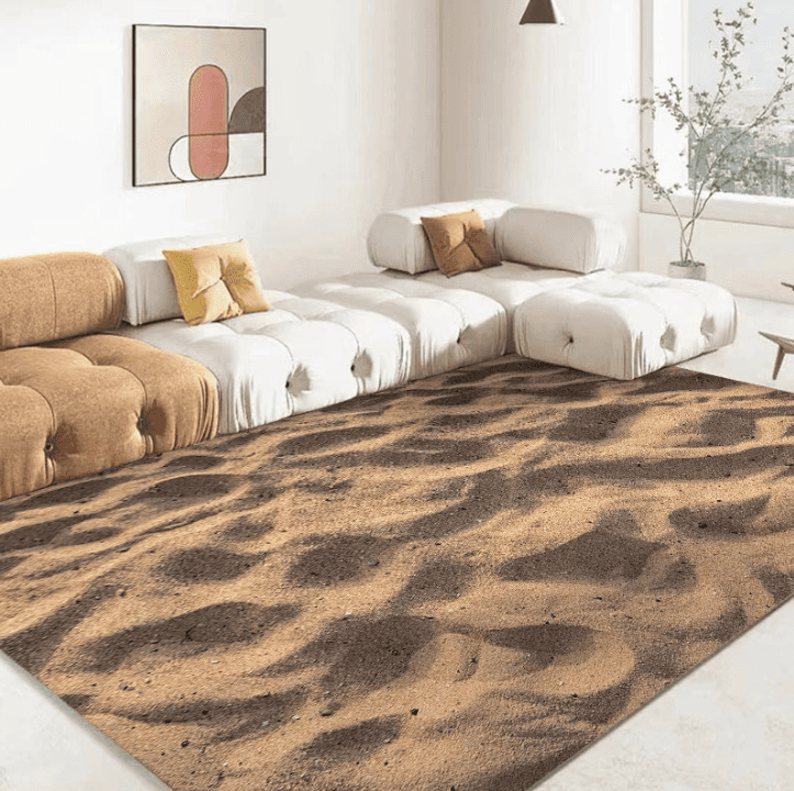 Tapis salon marron beige avec motif sable, dans un salon moderne lumineux avec canapé modulable