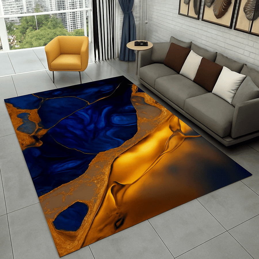  Salon contemporain avec un canapé gris et un fauteuil jaune moutarde, mettant en valeur un tapis salon original