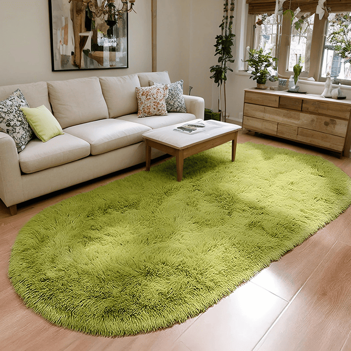 Tapis salon ovale vert anis en fausse posé devant un canapé crème et une table basse bois clair dans un salon lumineux et végétalisé.
