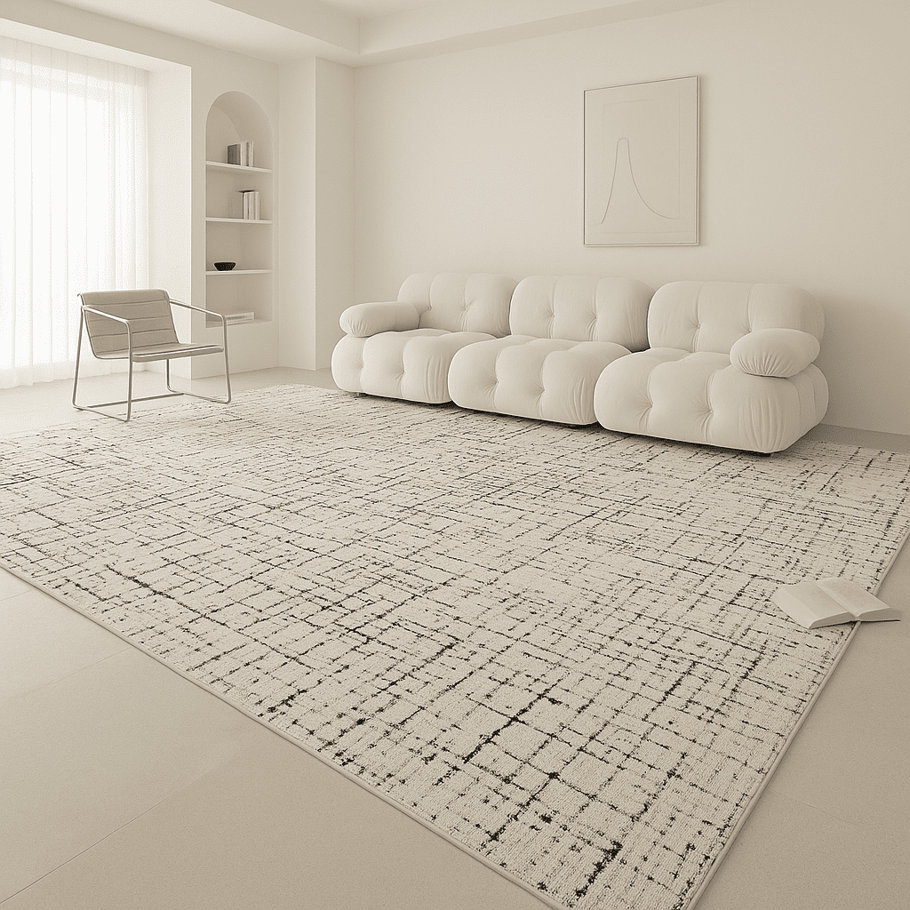 Grand tapis poil ras blanc à motifs noirs posé dans un salon lumineux au style moderne.