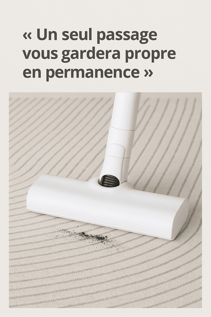 Gros plan d'un aspirateur nettoyant un tapis de salon beige à motifs, illustrant la facilité d'entretien et la propreté durable.