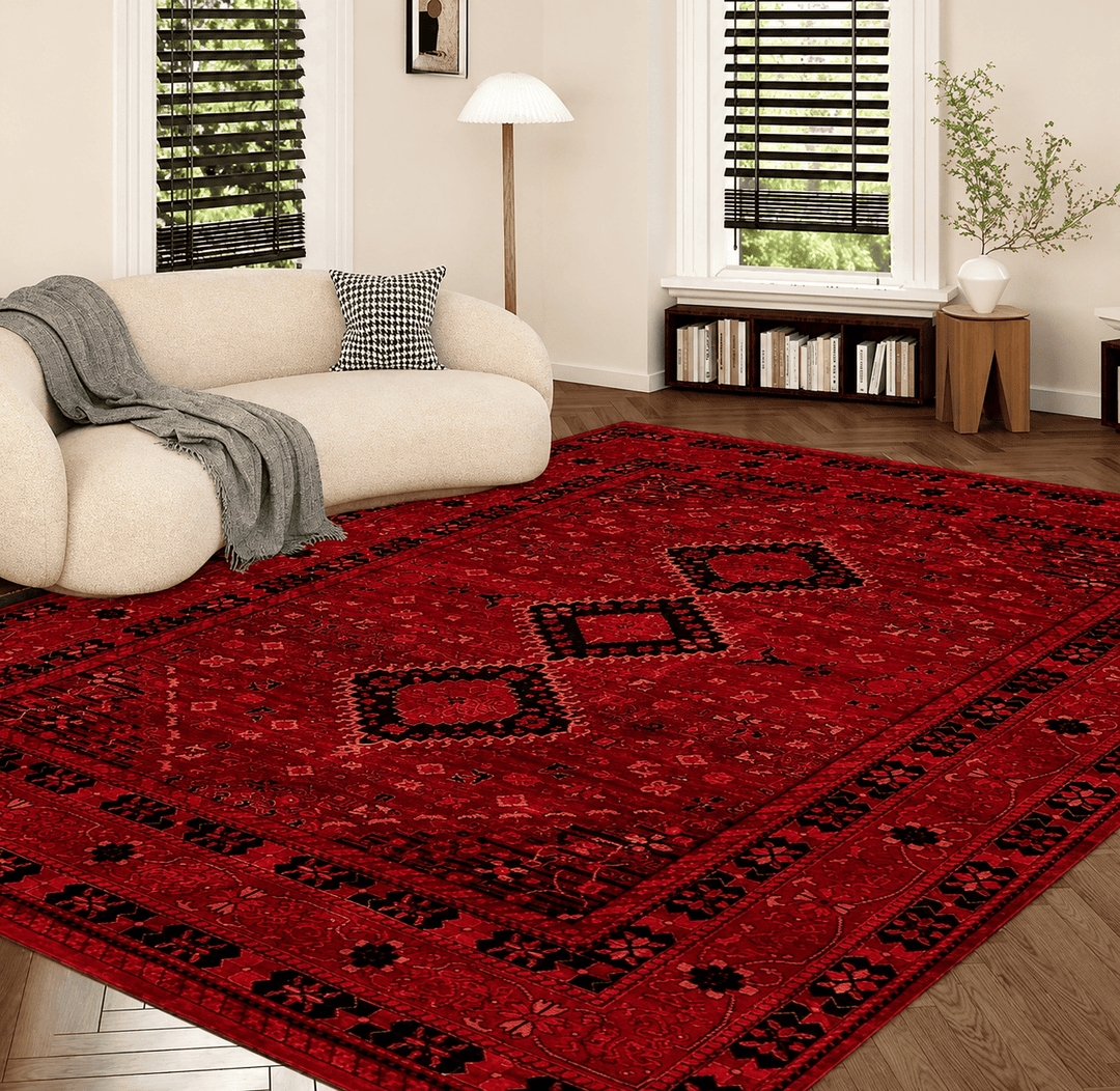 Tapis salon rouge 160x230 au style oriental dans un salon moderne avec motifs élégants et grande surface décorative