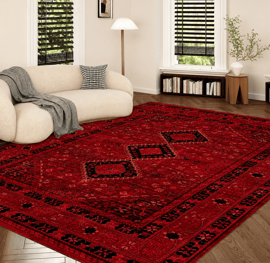 Tapis salon rouge 160x230 au style oriental dans un salon moderne avec motifs élégants et grande surface décorative