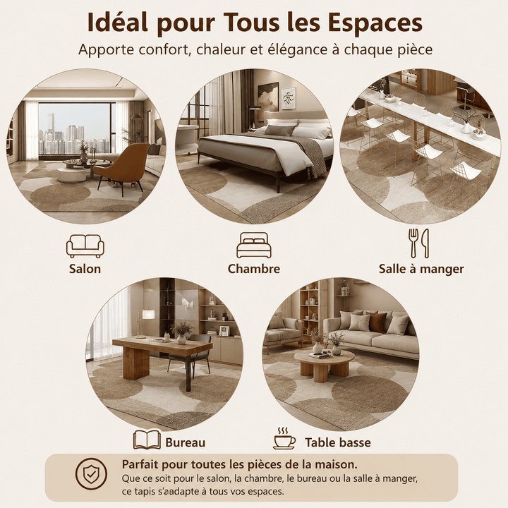Tapis salon taupe et beige adapté au salon, à la chambre, au bureau et à la salle à manger grâce à son design contemporain.