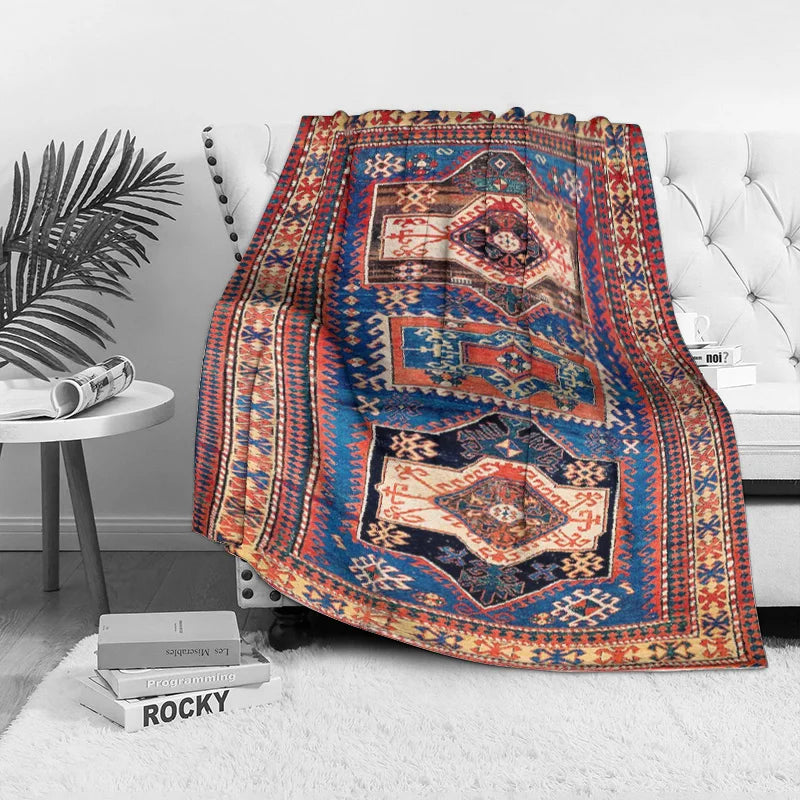 Tapis salon turc aux motifs orientaux colorés installé dans un salon moderne avec une décoration élégante.