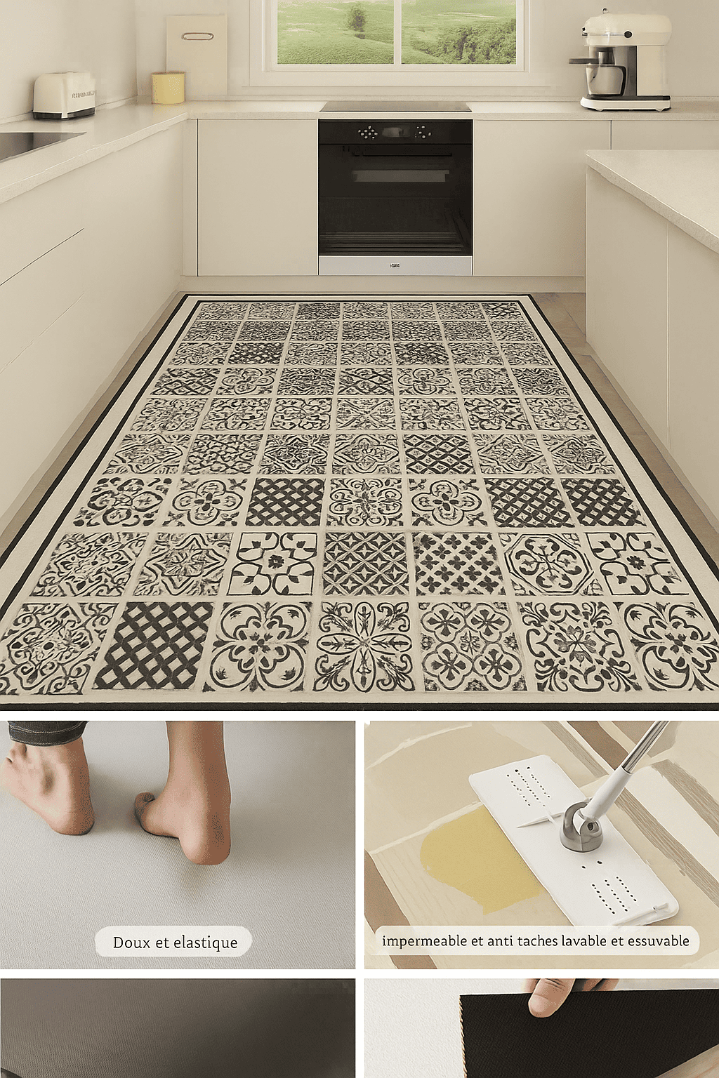 Détail d’un tapis vinyle avec surface douce et élastique, protection imperméable contre les liquides