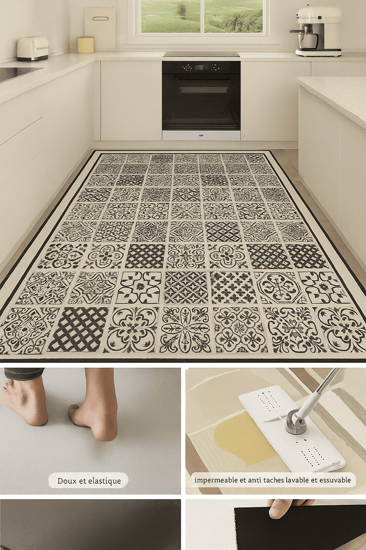 Détail d’un tapis vinyle avec surface douce et élastique, protection imperméable contre les liquides
