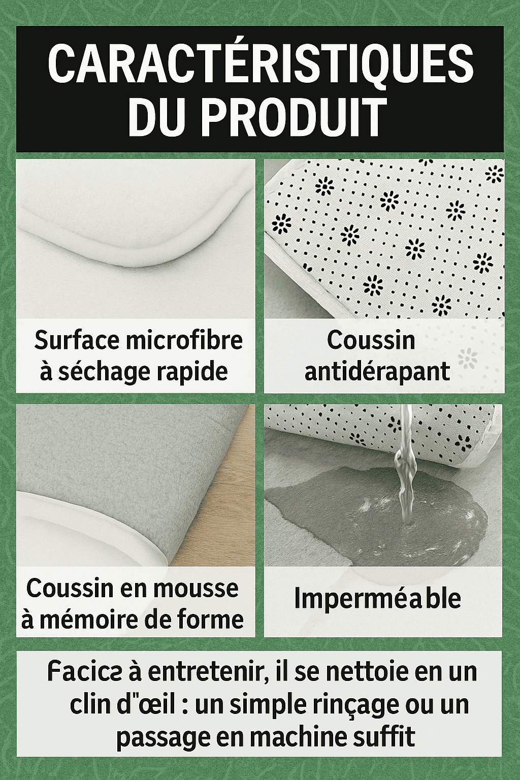 Infographie du tapis de sol extérieur montrant la surface microfibre à séchage rapide