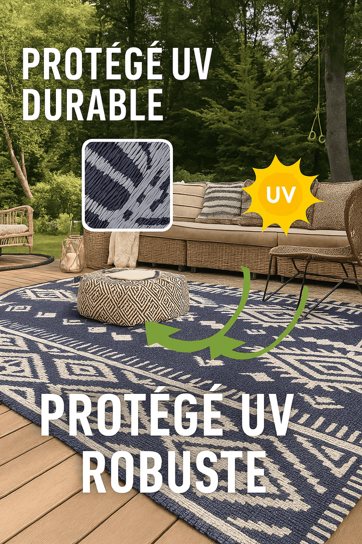 Tapis de sol extérieur motif ethnique sous un salon de jardin sur terrasse en bois, souligné par les mentions “Protégé UV” et “Robuste”.