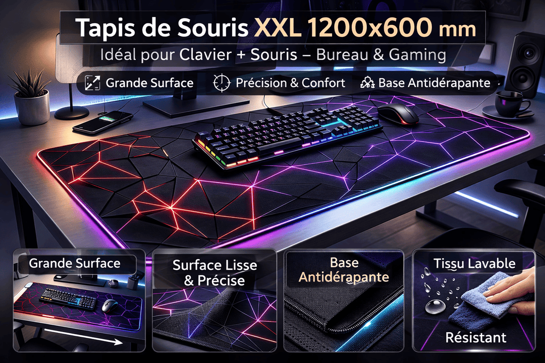 Tapis de souris 1200x600 XXL grand format pour clavier et souris sur bureau gaming avec éclairage RGB