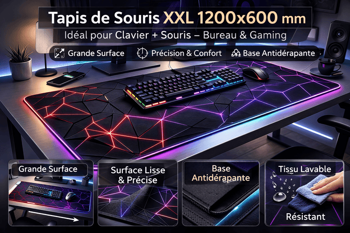 Tapis de souris 1200x600 XXL grand format pour clavier et souris sur bureau gaming avec éclairage RGB