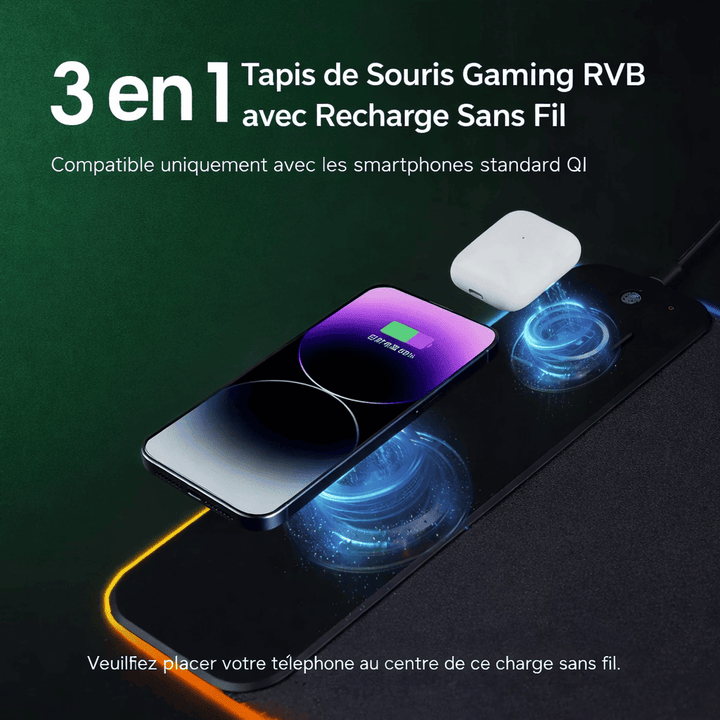 Tapis de souris recharge sans fil 3 en 1 avec charge Qi pour smartphone et éclairage RGB multicolore.