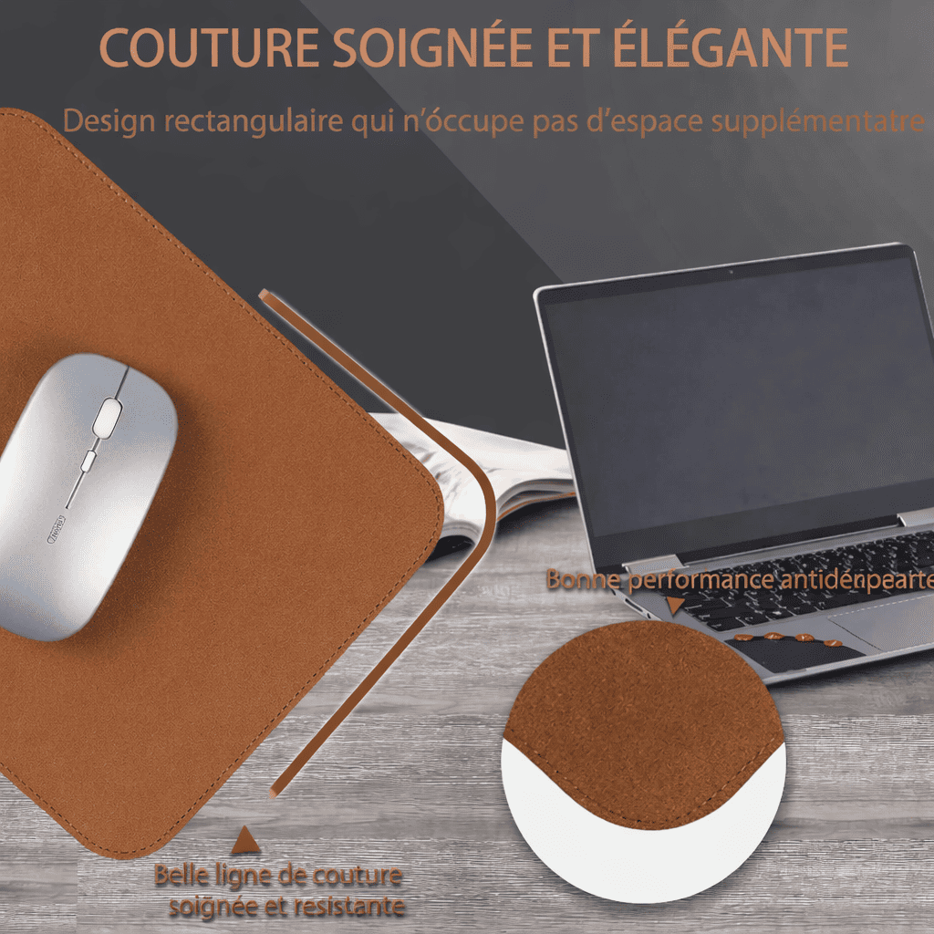Tapis souris cuir marron effet cuir installé sur bureau avec ordinateur portable, design minimaliste et élégant