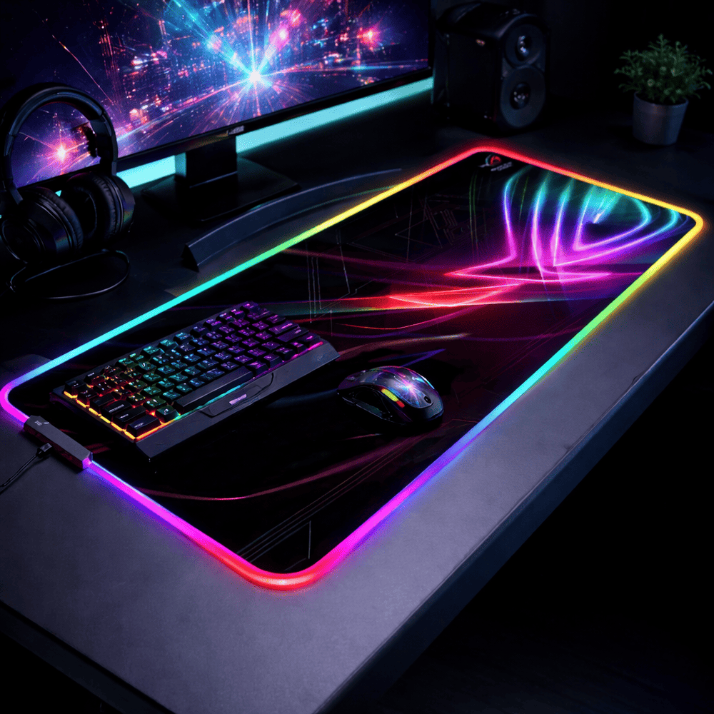 tapis de souris gaming XXL grand format couvrant clavier et souris sur setup gamer