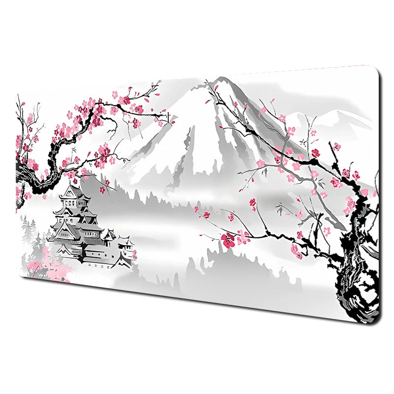 Tapis de souris japonais grand format avec temple traditionnel et fleurs de cerisier