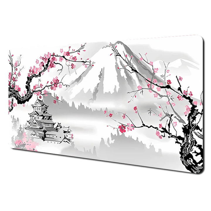 Tapis de souris japonais grand format avec temple traditionnel et fleurs de cerisier