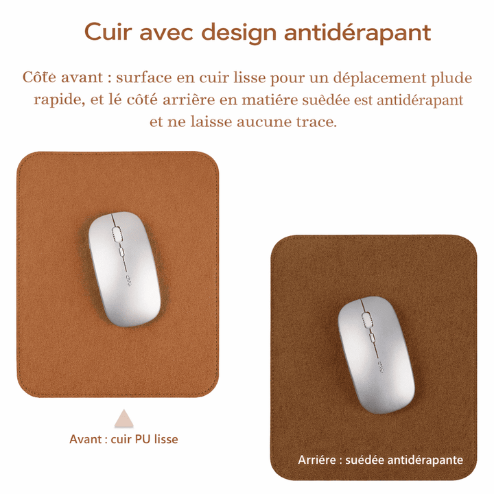 Tapis de souris cuir marron avec surface lisse en cuir PU et base suédée antidérapante