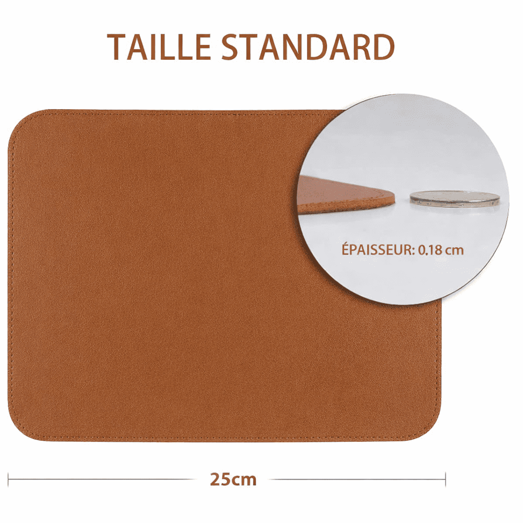 Dimensions du tapis de souris cuir marron 20 x 25 cm avec épaisseur 0,18 cm, format standard bureau