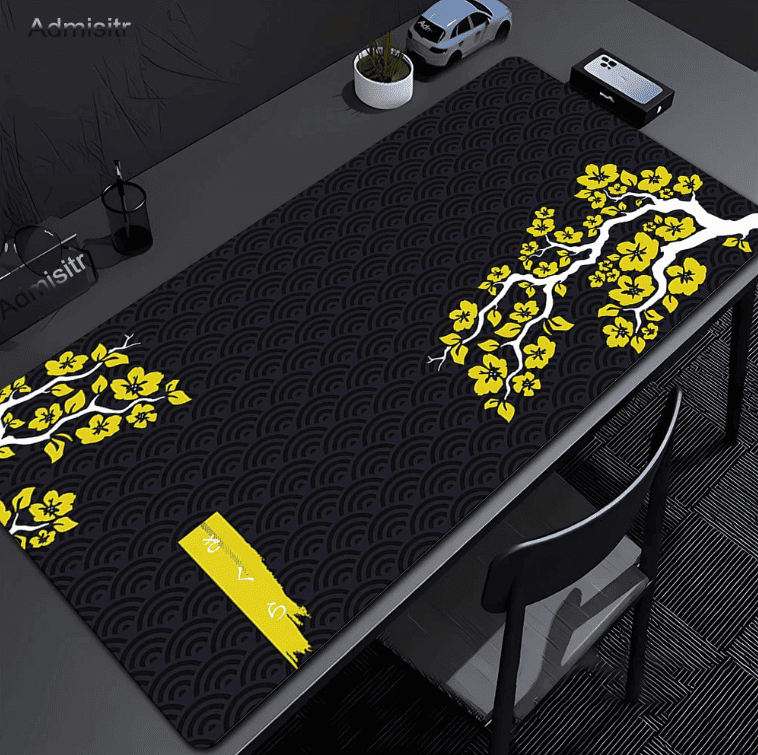 Tapis de bureau XXL 1000x500 mm noir et jaune antidérapant pour clavier et souris