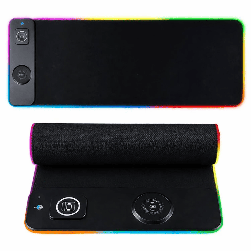 Tapis de souris recharge sans fil RGB grand format avec chargeur Qi intégré et éclairage lumineux périphérique.