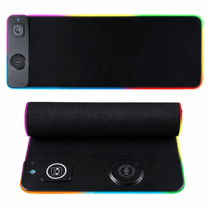 Tapis de souris recharge sans fil RGB grand format avec chargeur Qi intégré et éclairage lumineux périphérique.