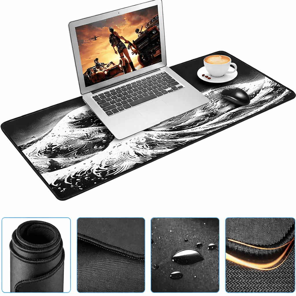 détails du tapis de souris vague noir et blanc avec surface textile, couture renforcée et base antidérapante
