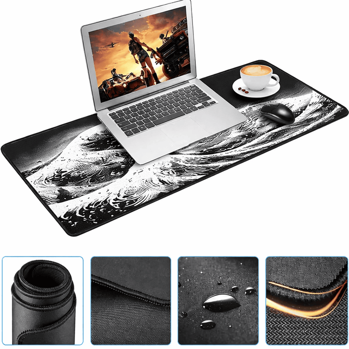 détails du tapis de souris vague noir et blanc avec surface textile, couture renforcée et base antidérapante
